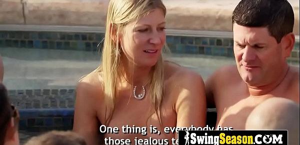  Horny swingers are planning their next wild orgy naked in the pool.